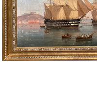 Antique Maritime Ships Oil Painting "British Fleet Bay of Naples"  by Tommaso De Simone, 1860