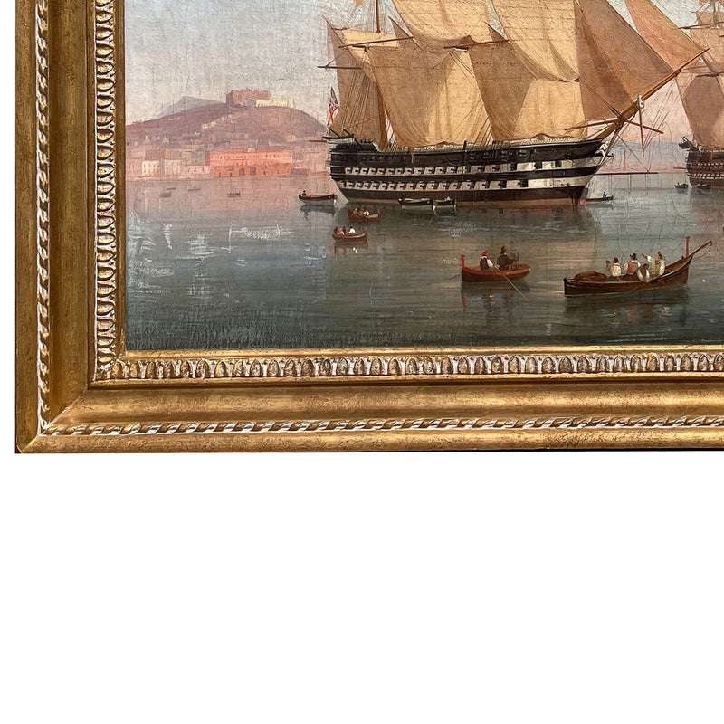Antique Maritime Ships Oil Painting "British Fleet Bay of Naples"  by Tommaso De Simone, 1860
