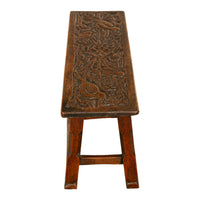 Antique English Carved Oak Arts & Crafts Hall Bench Seat 'Birds in a Tree' 1900