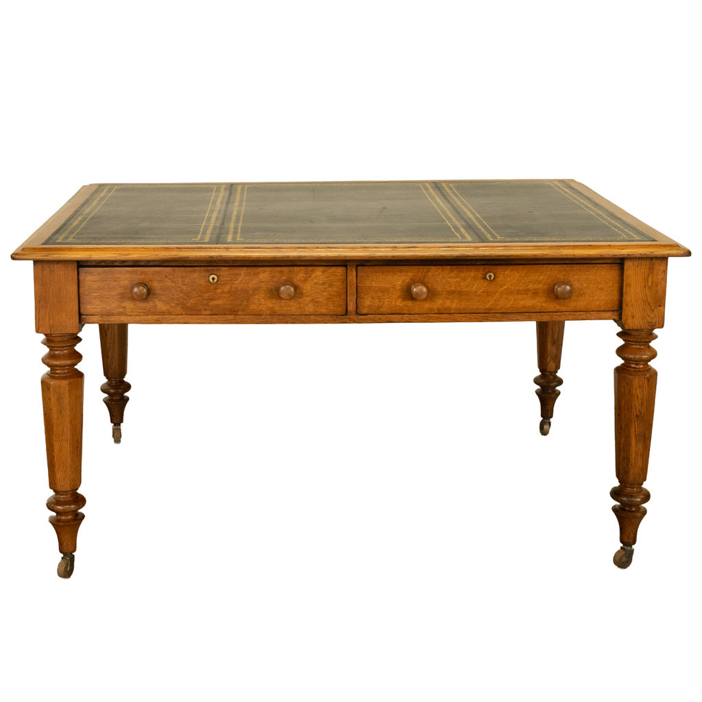 Antique English Oak & Leather Top Double-Sided Library Table Partner's Desk 1860