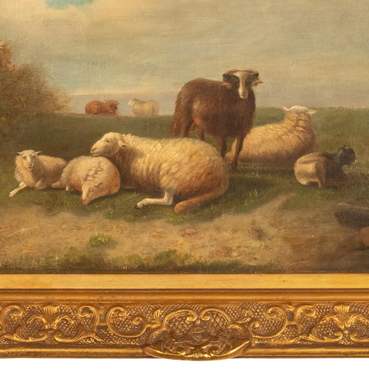 19th Century Belgian Realist Pastoral Oil Canvas Landscape Painting Ram Sheep & Goat