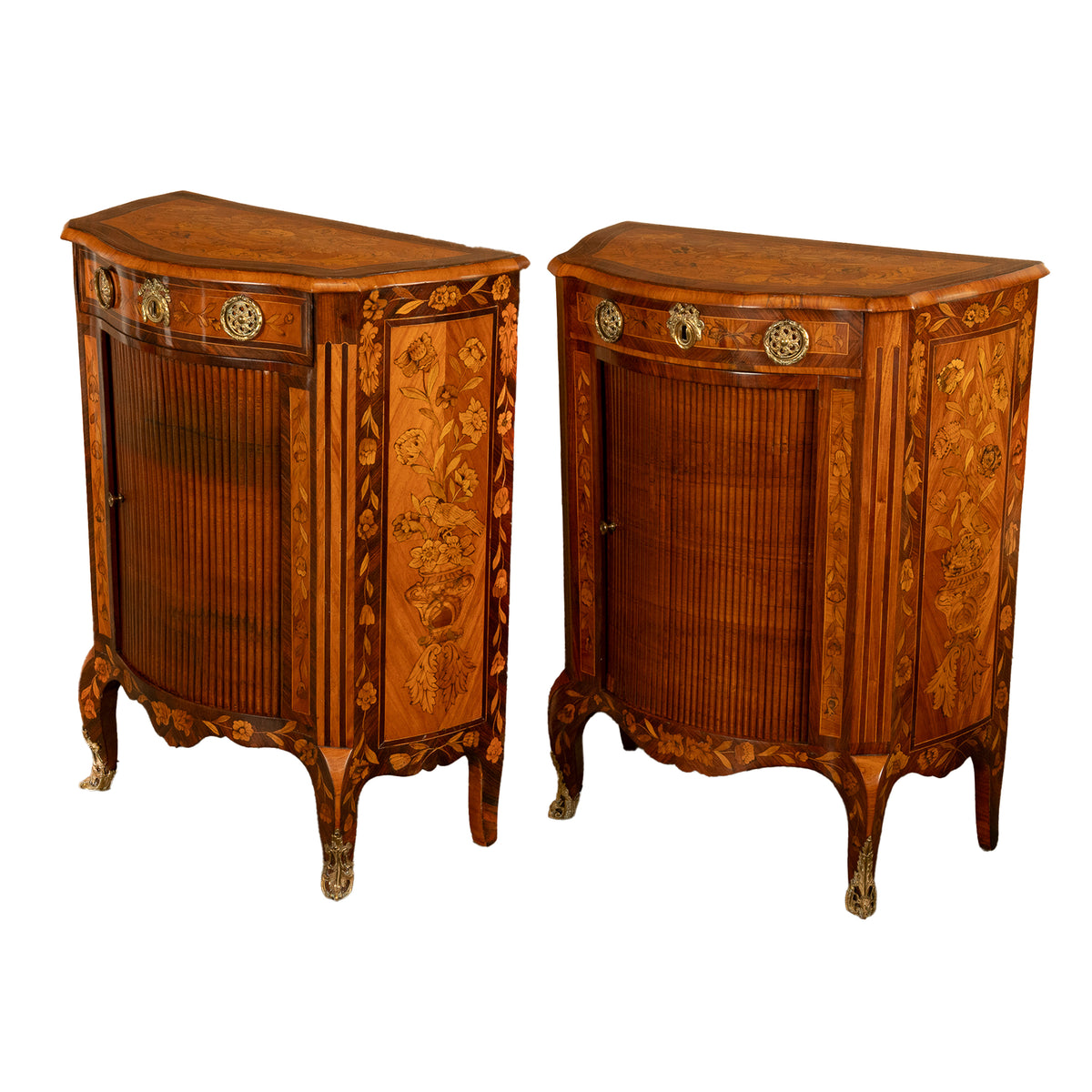 Pair Antique 18thC French Louis XV Inlaid Marquetry Ormolu Tambour Cabinets 1780