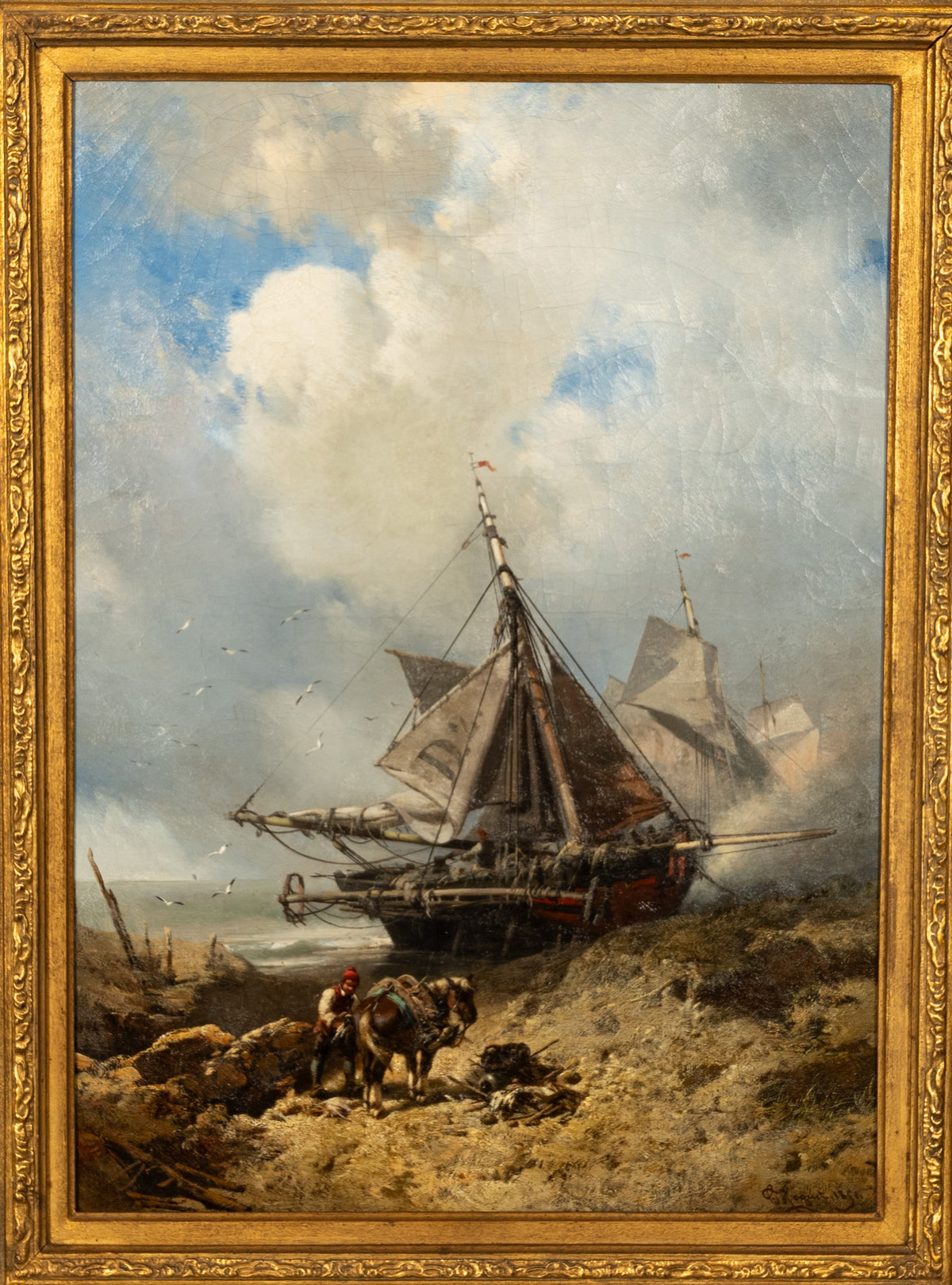 Antique French School Marine Ship Fishing Boats Oil Canvas Painting  Dieppe 1851 By Charles Hoguet