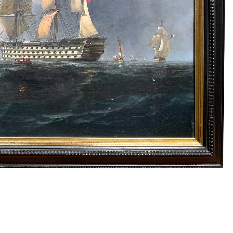 Antique 19th Century Maritime Seascape War Ship Oil Painting HMS Britannia by Robert Strickland Thomas, 1835