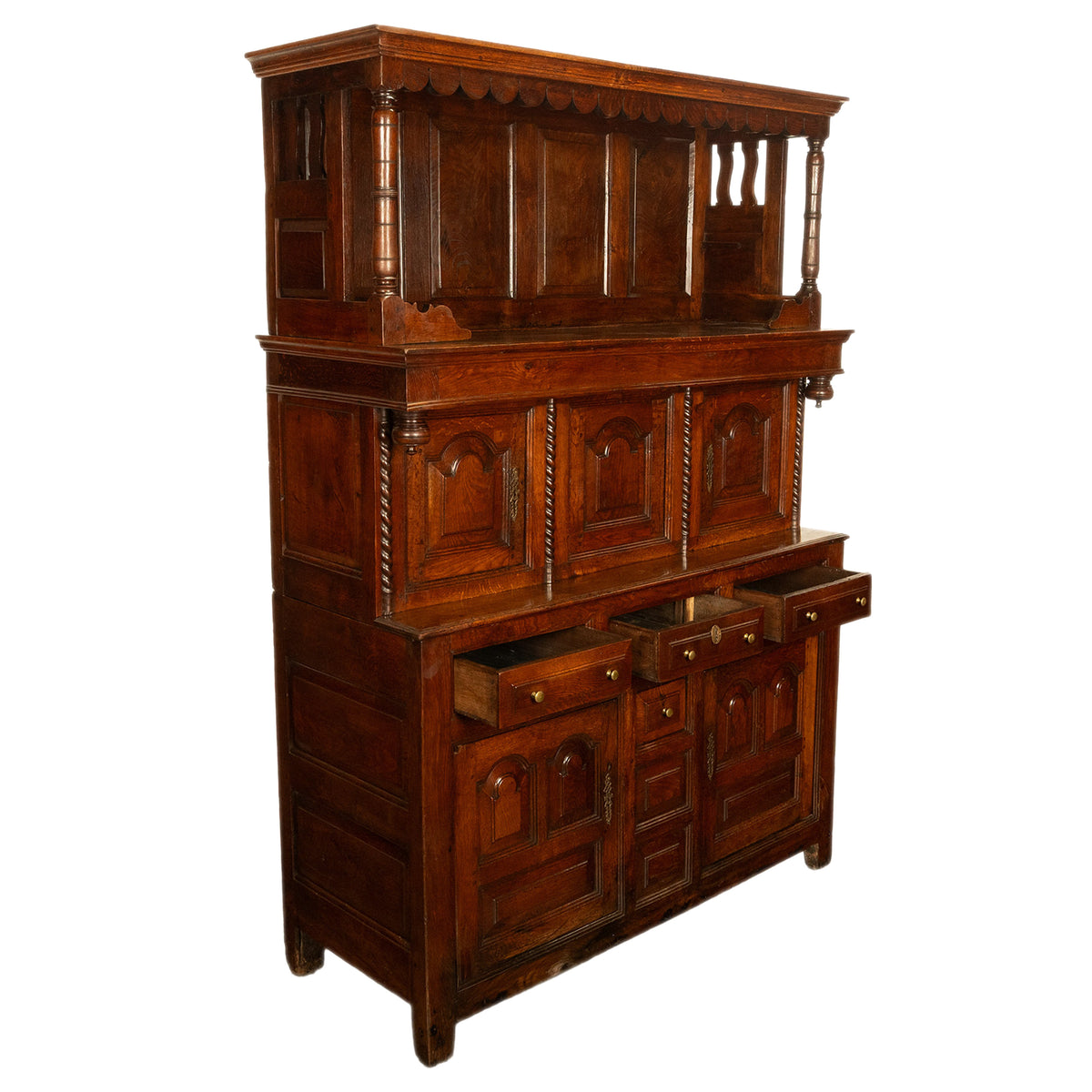 Antique Early 18th Century Carved Oak Welsh Cwpwrdd Tridarn Cupboard Cabinet 1730