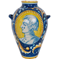 Pair Antique 18thC Italian Majolica Pottery Portrait Vases Apothecary Jars 1700