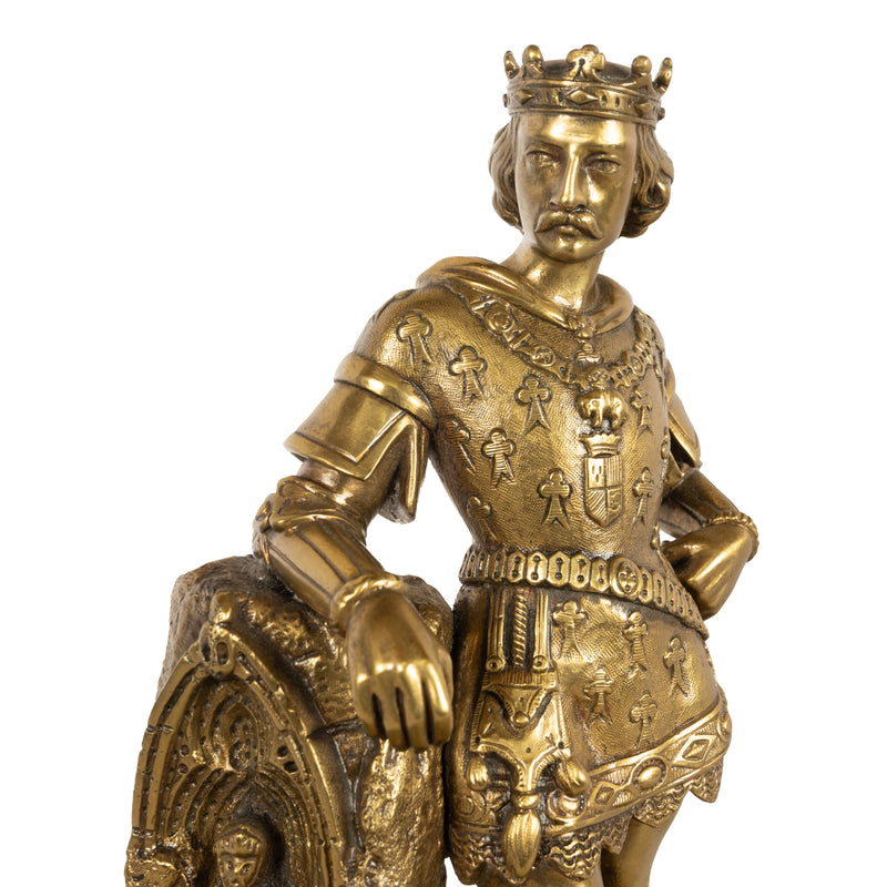 Antique French Gilt Bronze Statue Medieval King Louis VII Knight Templar 1880
