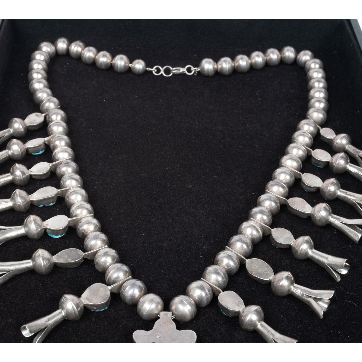 Antique Native American Navajo Sterling Silver Turquoise Squash Blossom Necklace