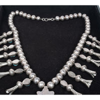 Antique Native American Navajo Sterling Silver Turquoise Squash Blossom Necklace
