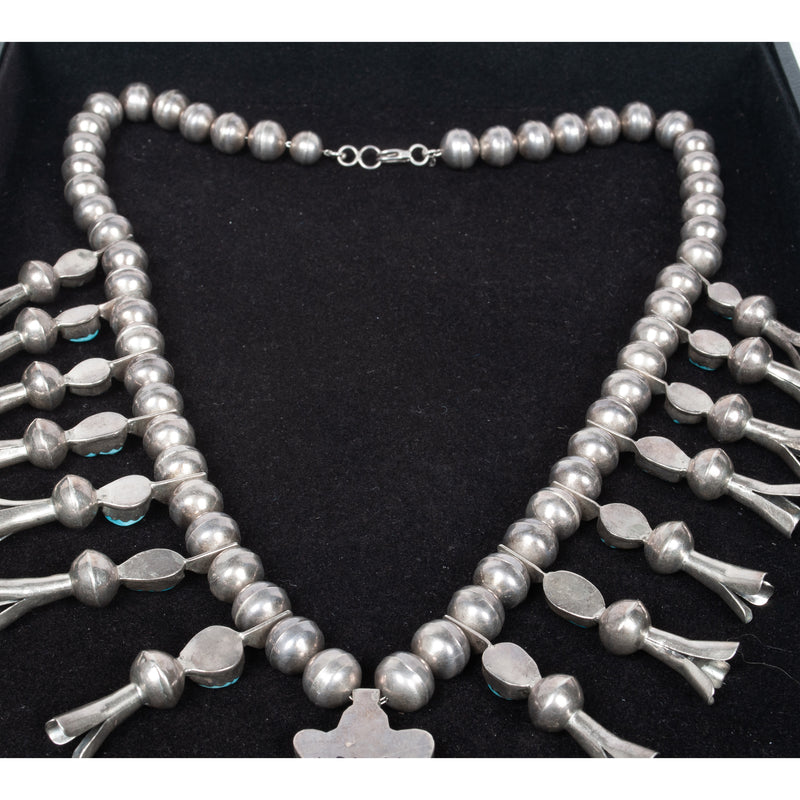 Antique Native American Navajo Sterling Silver Turquoise Squash Blossom Necklace