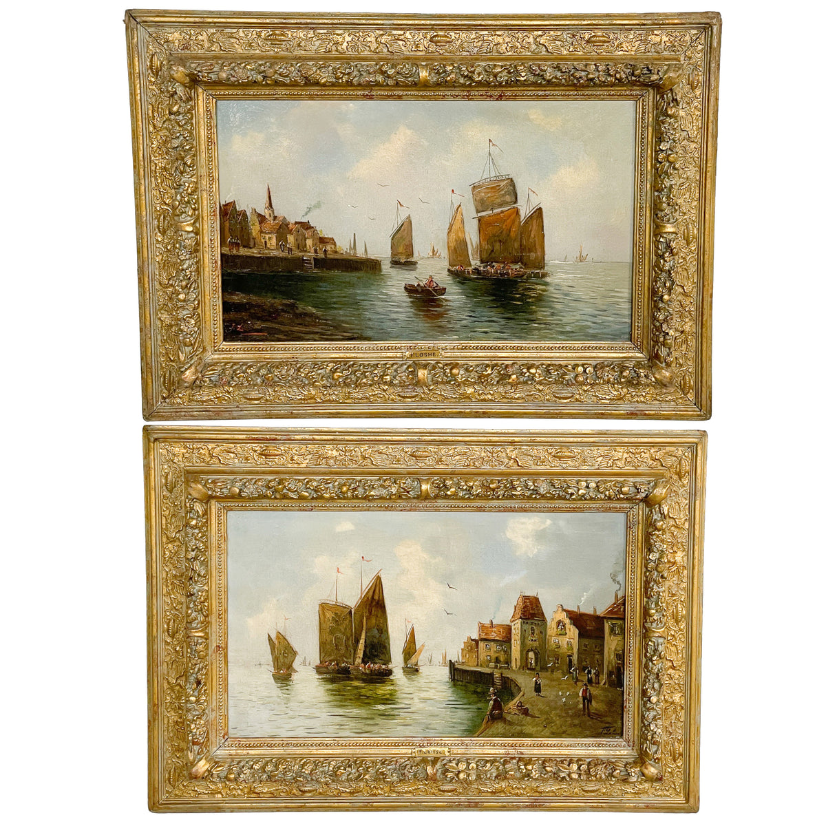 Pair Antique 19th Century Oil Canvas Paintings Dutch Marine Nautical Ships Seascapes by F. Lohse 1870