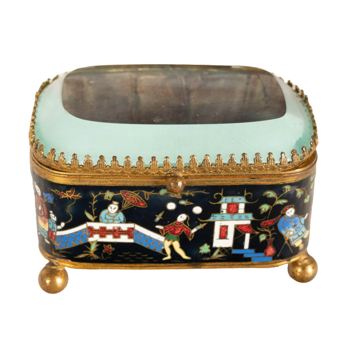 Antique French Gilt Brass Cloisonne Chinoiserie Champleve Jewelry Box Casket, 1880