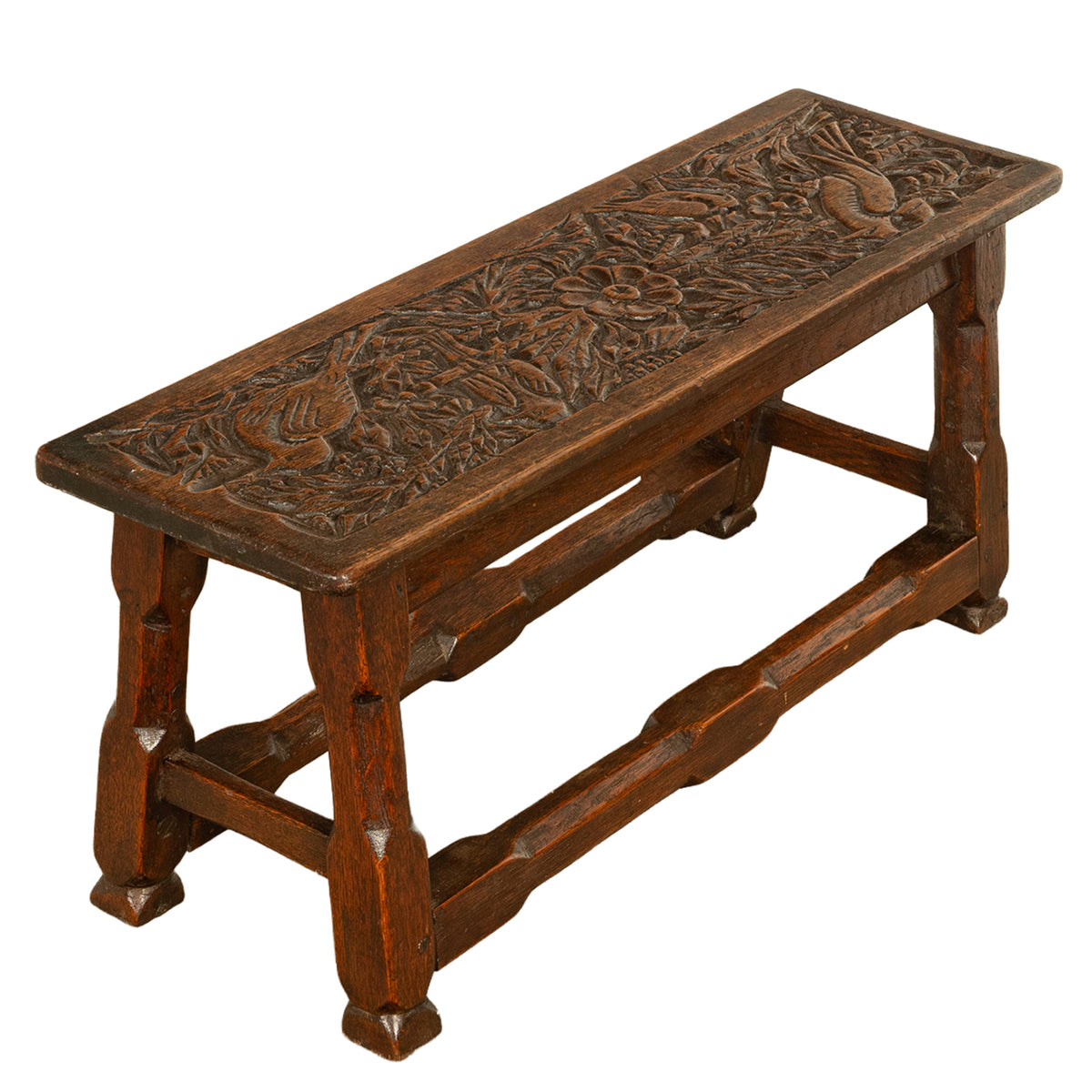 Antique English Carved Oak Arts & Crafts Hall Bench Seat 'Birds in a Tree' 1900