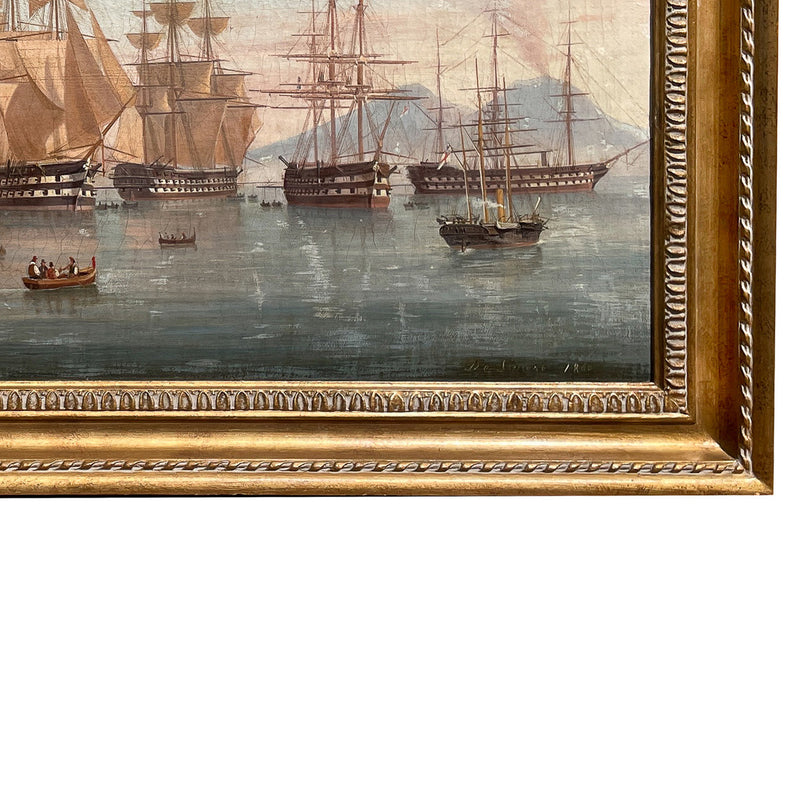 Antique Maritime Ships Oil Painting "British Fleet Bay of Naples"  by Tommaso De Simone, 1860