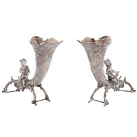 Pair Antique German Repoussé 800 Silver Cornucopia Cherub Vases Hanau 1890