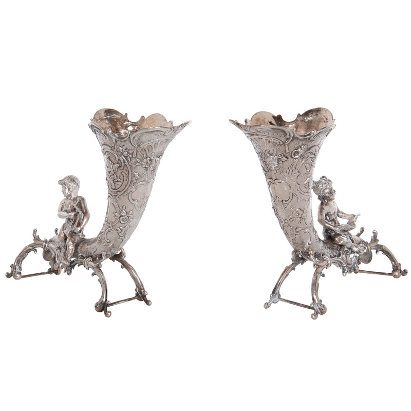 Pair Antique German Repoussé 800 Silver Cornucopia Cherub Vases Hanau 1890