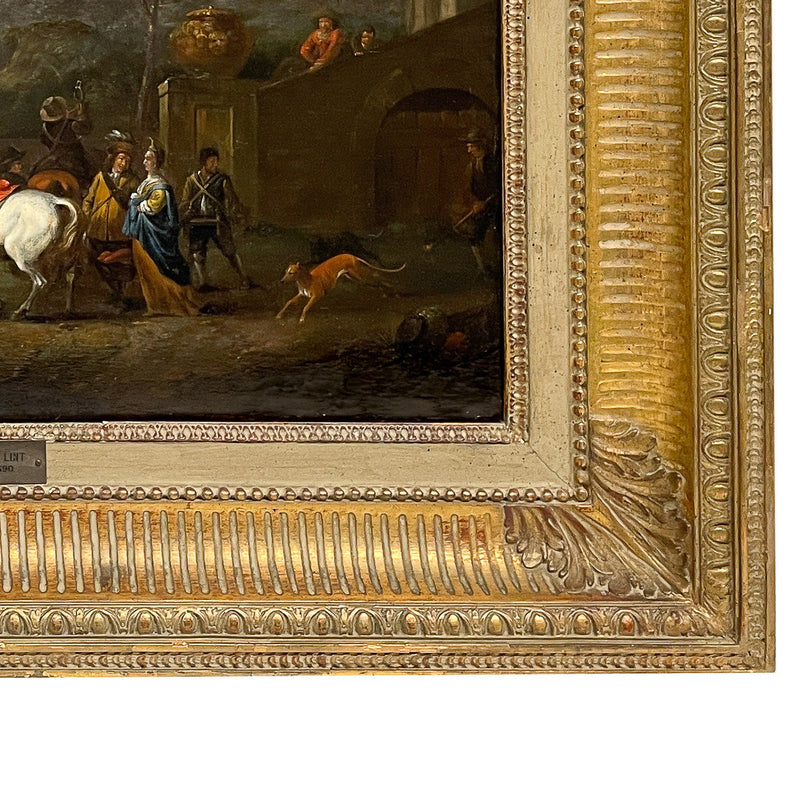 Flemish Early 17th Century Old Master Oil on Panel Painting Hunting Scene By by Peter Van Lint, 1620