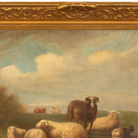 19th Century Belgian Realist Pastoral Oil Canvas Landscape Painting Ram Sheep & Goat