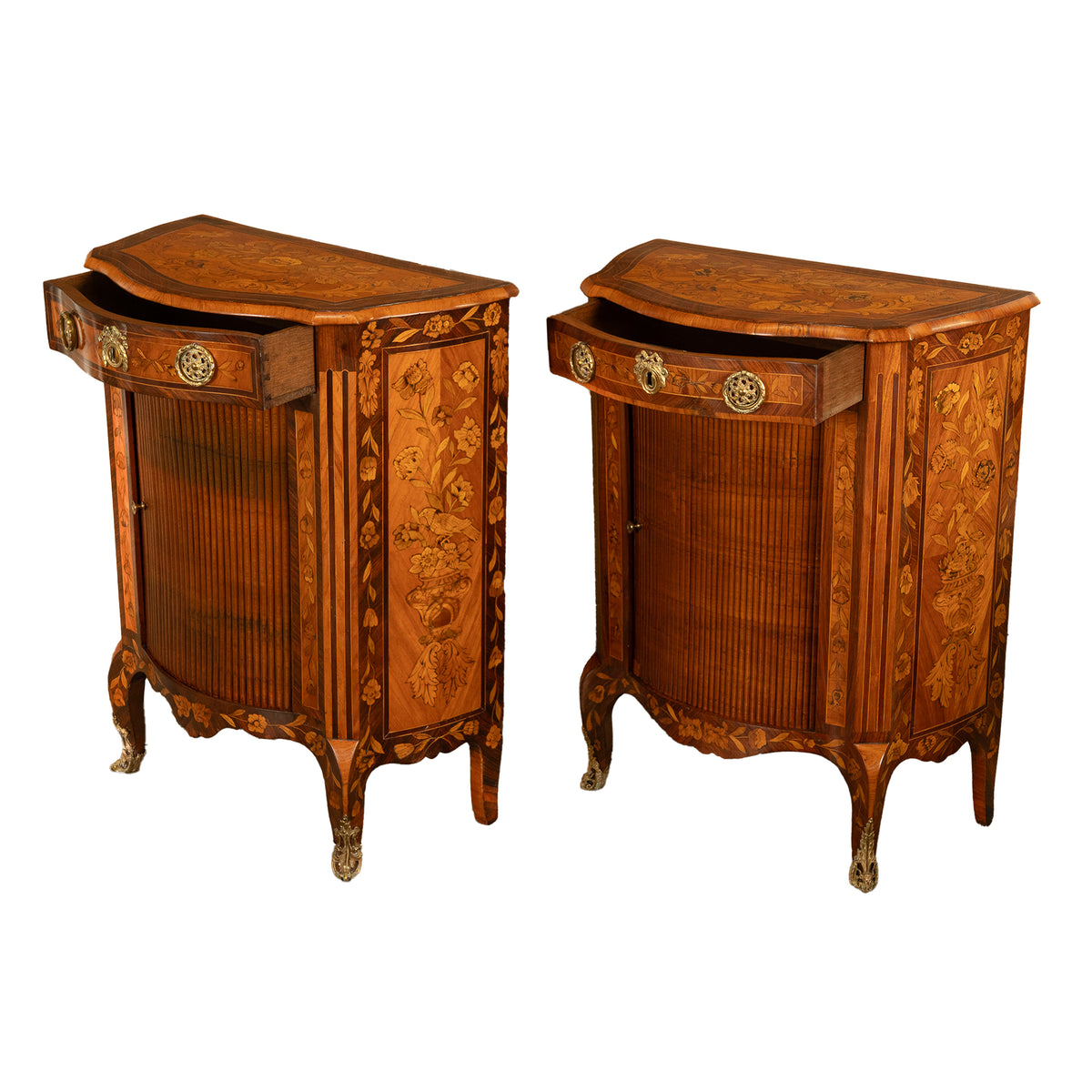 Pair Antique 18thC French Louis XV Inlaid Marquetry Ormolu Tambour Cabinets 1780