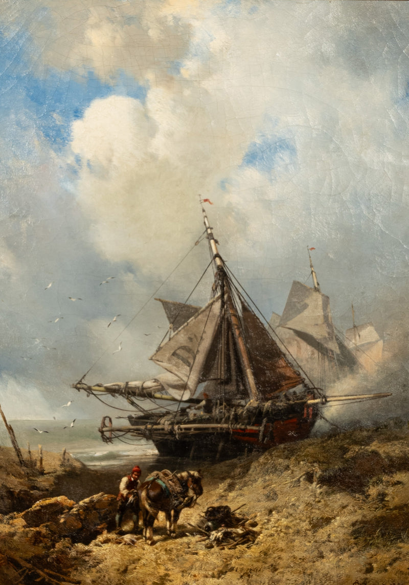 Antique French School Marine Ship Fishing Boats Oil Canvas Painting  Dieppe 1851 By Charles Hoguet