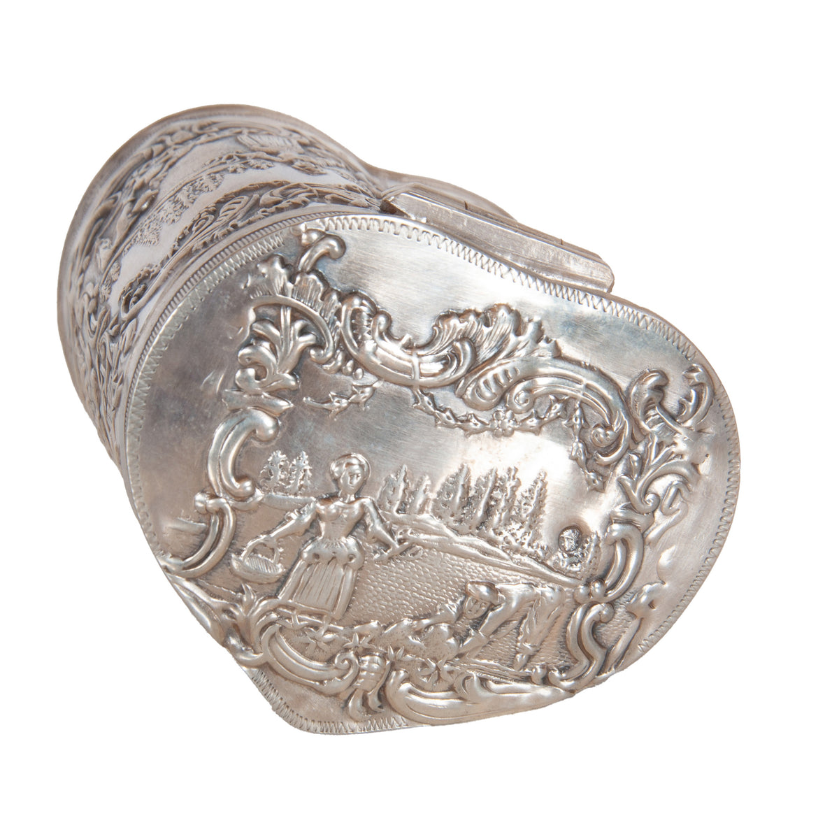 Antique Dutch Repousse Sterling Silver Heart Shaped Trinket Box Tea Caddy 1890