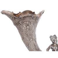 Pair Antique German Repoussé 800 Silver Cornucopia Cherub Vases Hanau 1890