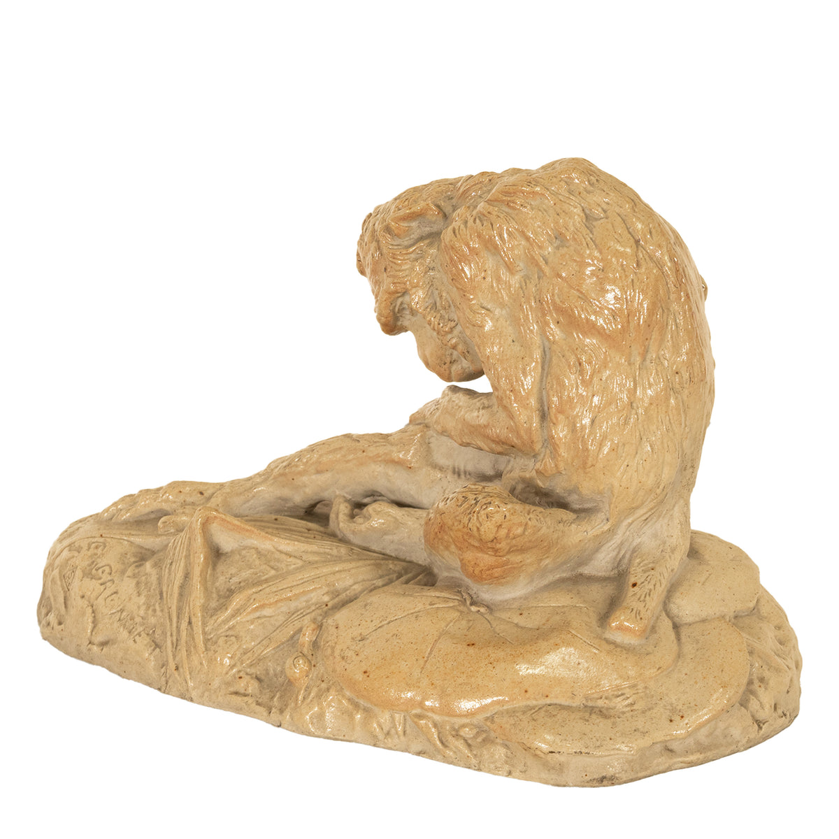 Antique French Sevres Terracotta Ceramic Monkey Snail Animalier Statue Sculpture by Emmanuel Fremiet, 1905
