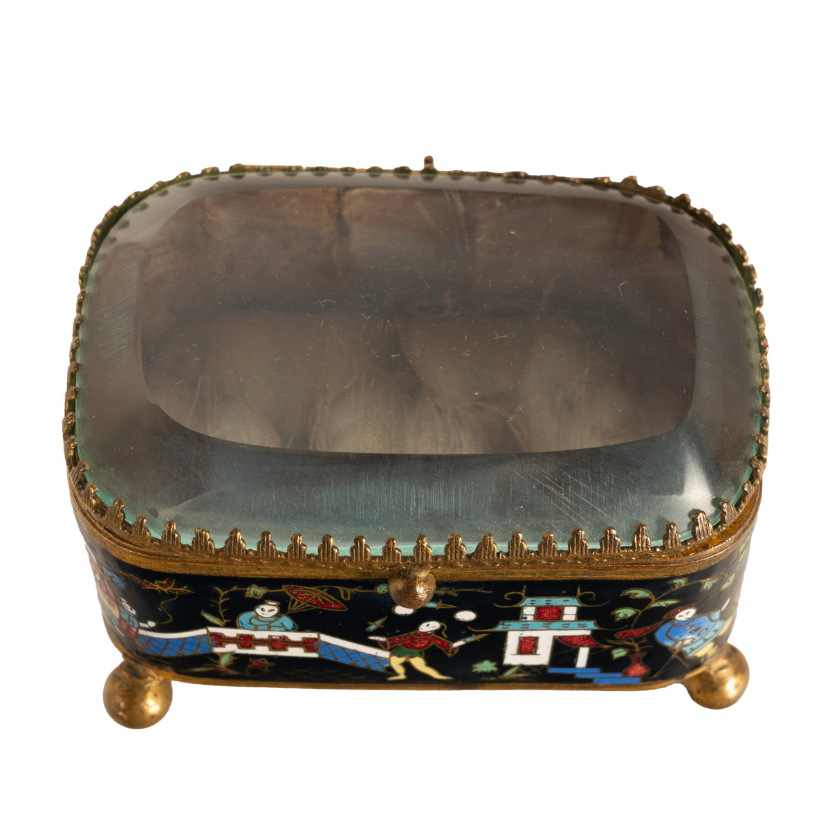 Antique French Gilt Brass Cloisonne Chinoiserie Champleve Jewelry Box Casket, 1880