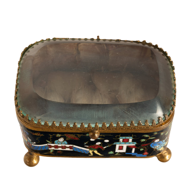 Antique French Gilt Brass Cloisonne Chinoiserie Champleve Jewelry Box Casket, 1880