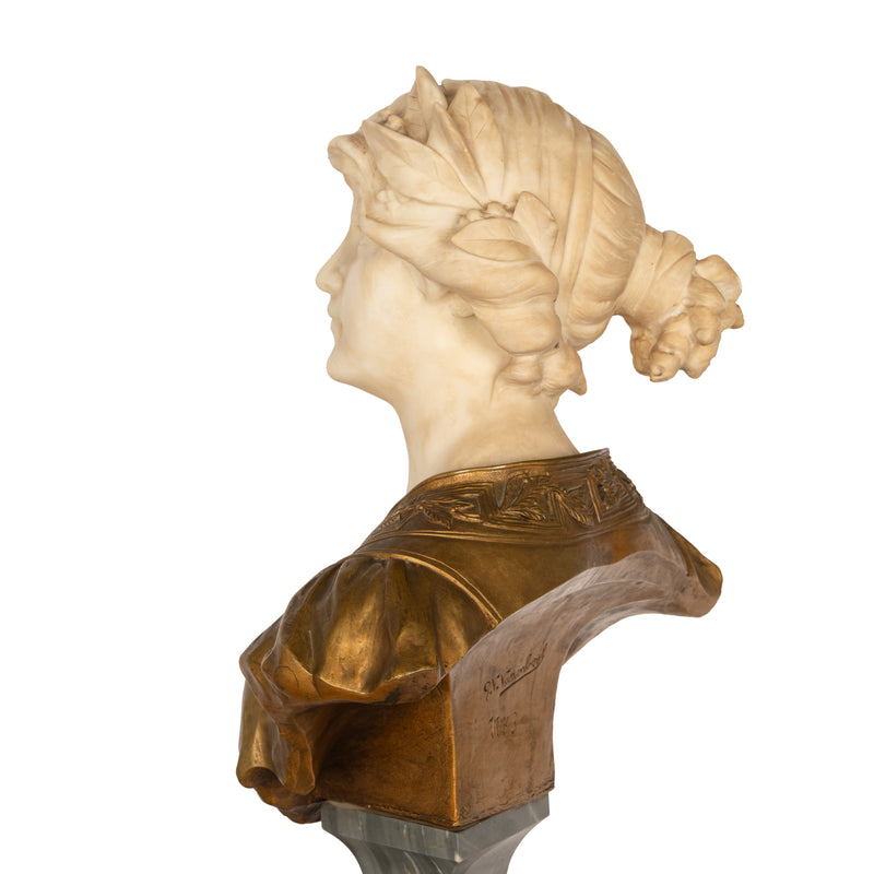 Antique Art Nouveau Female Carrara Marble Gilt Bronze Bust Statue Sculpture by Gustave Van Vaerenbergh 1900