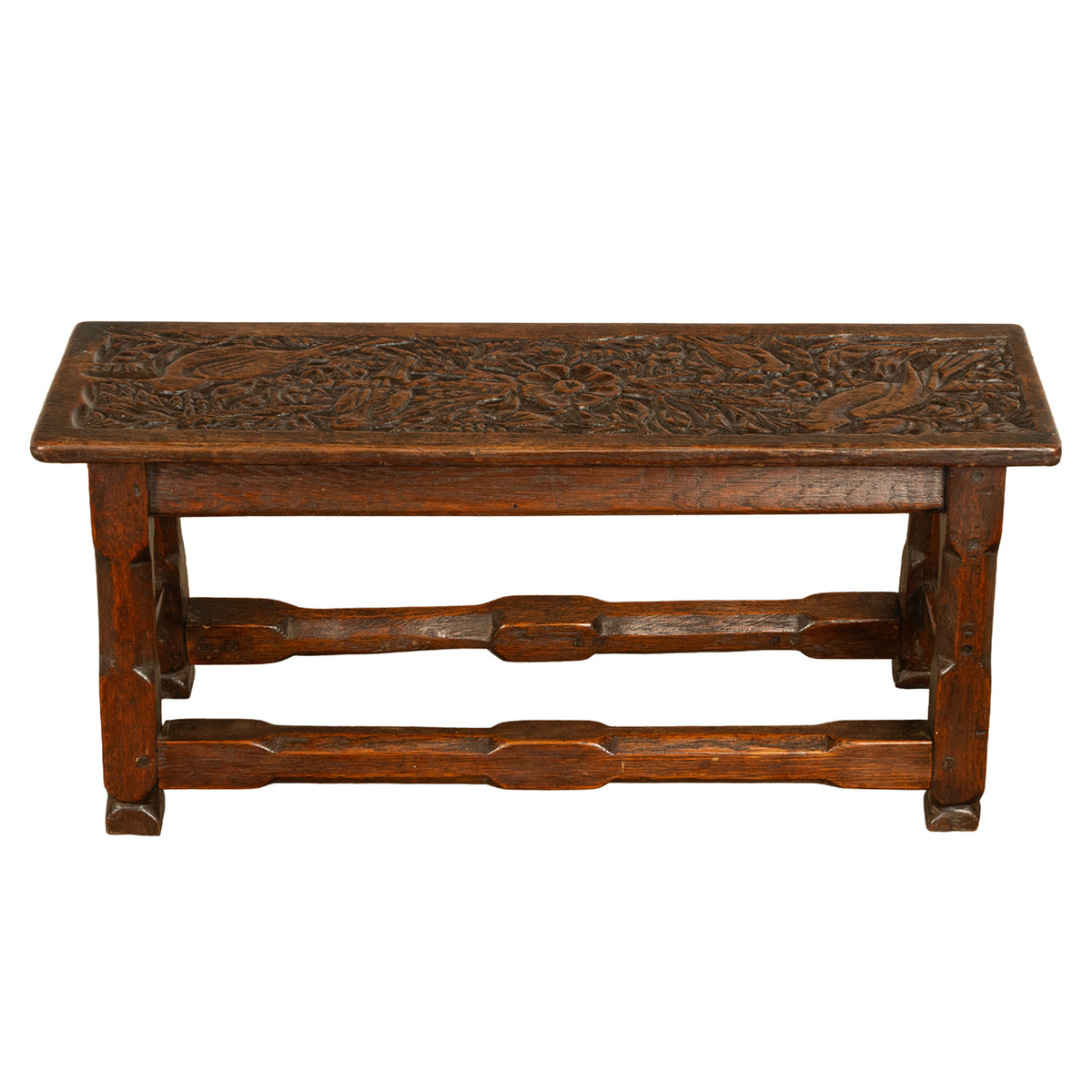 Antique English Carved Oak Arts & Crafts Hall Bench Seat 'Birds in a Tree' 1900