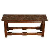 Antique English Carved Oak Arts & Crafts Hall Bench Seat 'Birds in a Tree' 1900