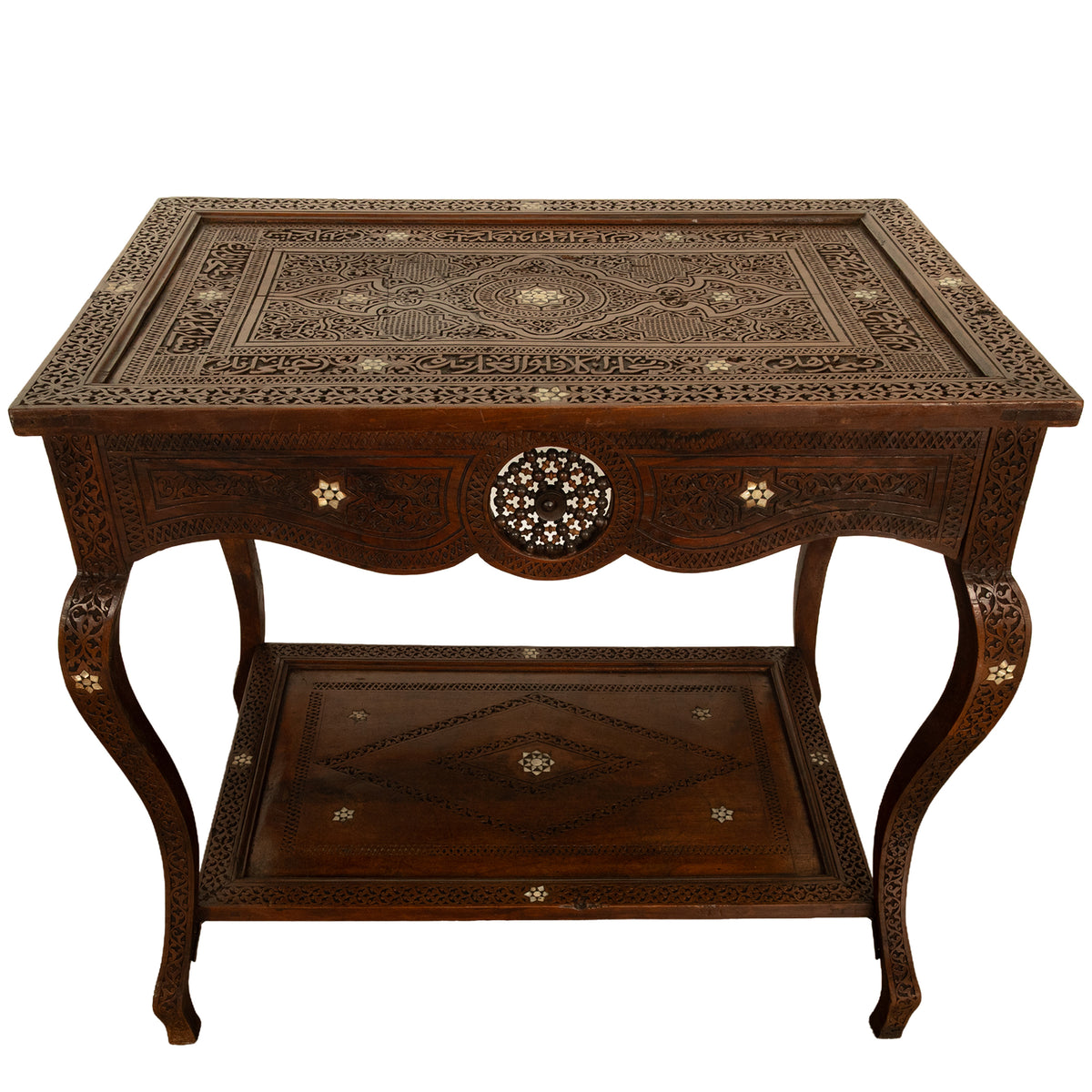 Antique Islamic Moorish Arab Mother-of-Pearl Inlaid & Carved Table Damascus 1890