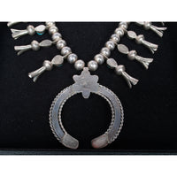 Antique Native American Navajo Sterling Silver Turquoise Squash Blossom Necklace