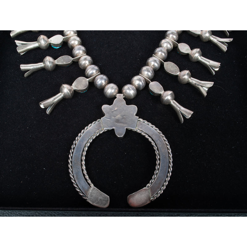 Antique Native American Navajo Sterling Silver Turquoise Squash Blossom Necklace