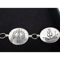 MCM Native American Navajo Silver Engraved Storyteller Concho Belt Willie Yazzie circa 1960