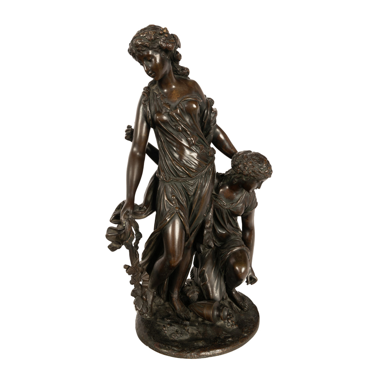 Antique French Neoclassical Rococo Bronze Figural Group of Wine Bacchantes by Clodion 1762