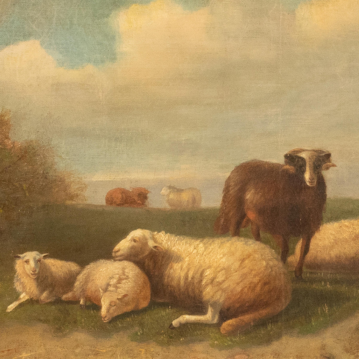 19th Century Belgian Realist Pastoral Oil Canvas Landscape Painting Ram Sheep & Goat