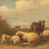19th Century Belgian Realist Pastoral Oil Canvas Landscape Painting Ram Sheep & Goat