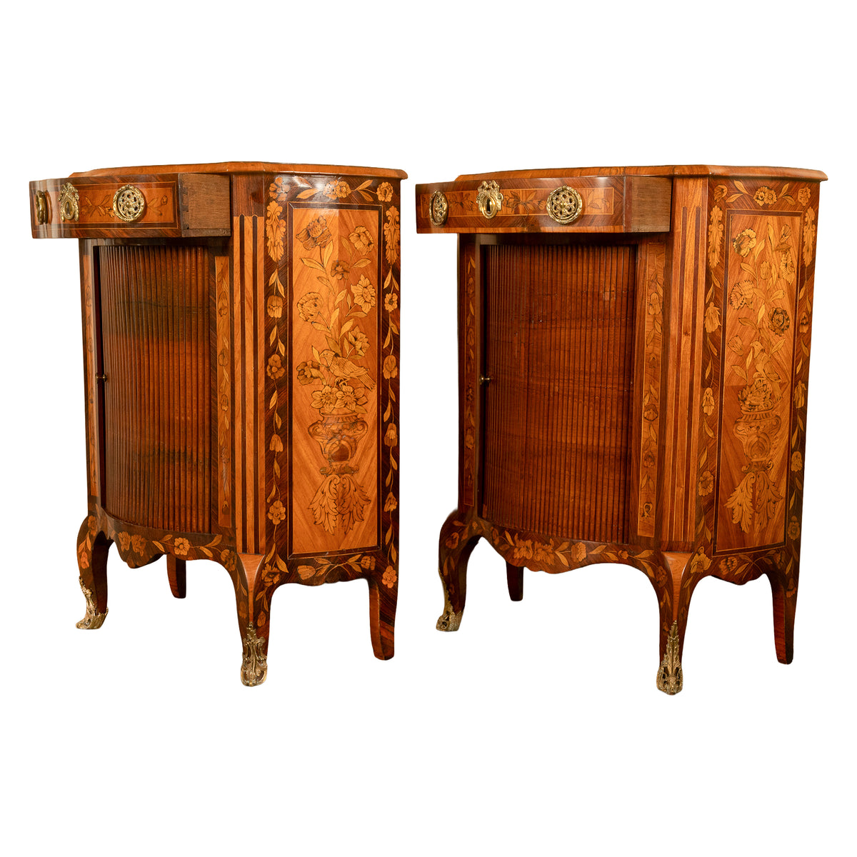 Pair Antique 18thC French Louis XV Inlaid Marquetry Ormolu Tambour Cabinets 1780