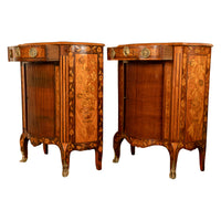 Pair Antique 18thC French Louis XV Inlaid Marquetry Ormolu Tambour Cabinets 1780