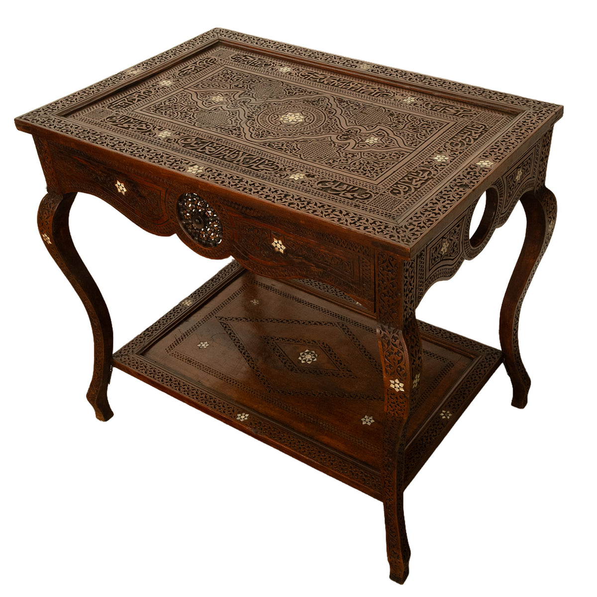 Antique Islamic Moorish Arab Mother-of-Pearl Inlaid & Carved Table Damascus 1890