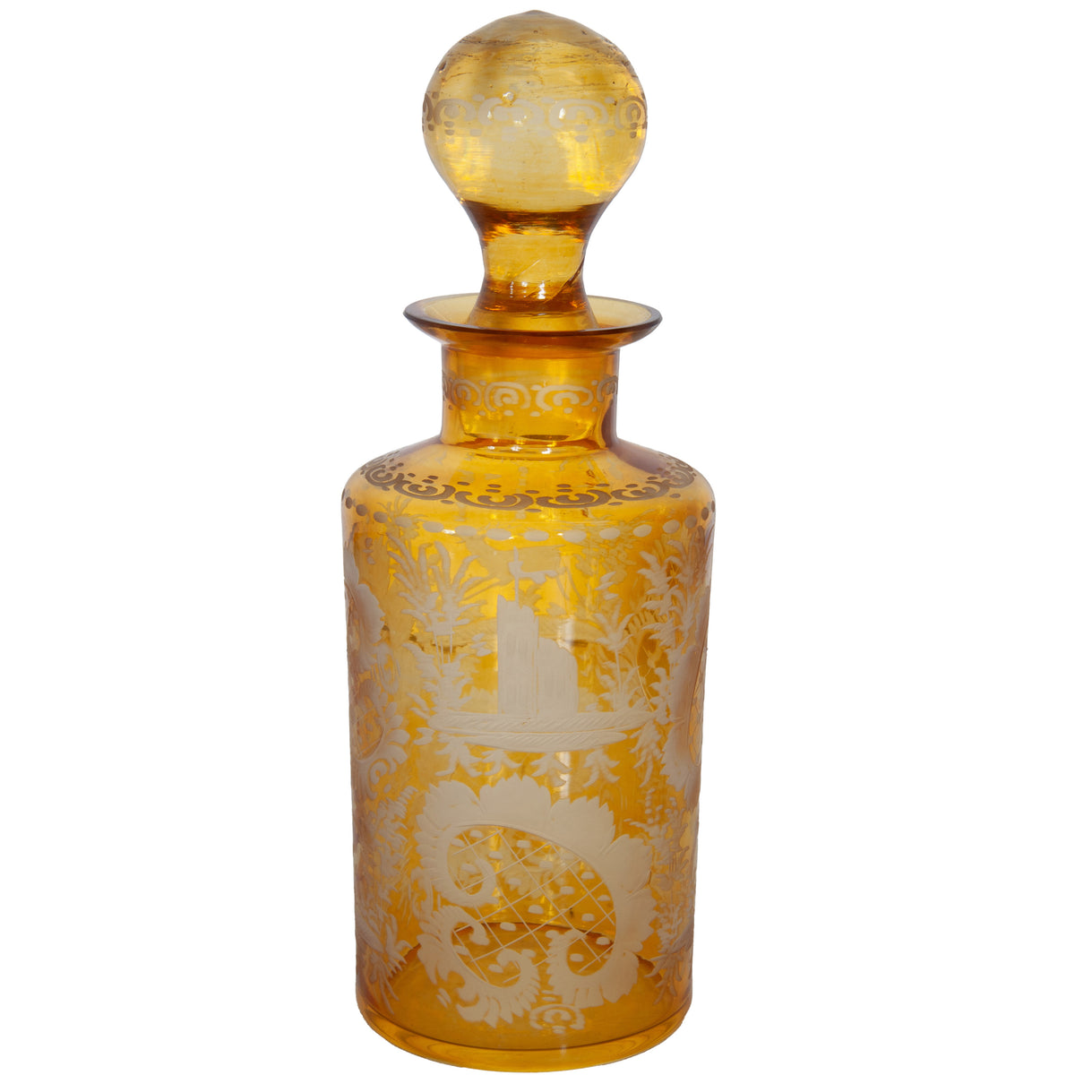 Antique Pair 19th Century Etched Bohemian Amber Glass Wine Liquor Decanters 1880