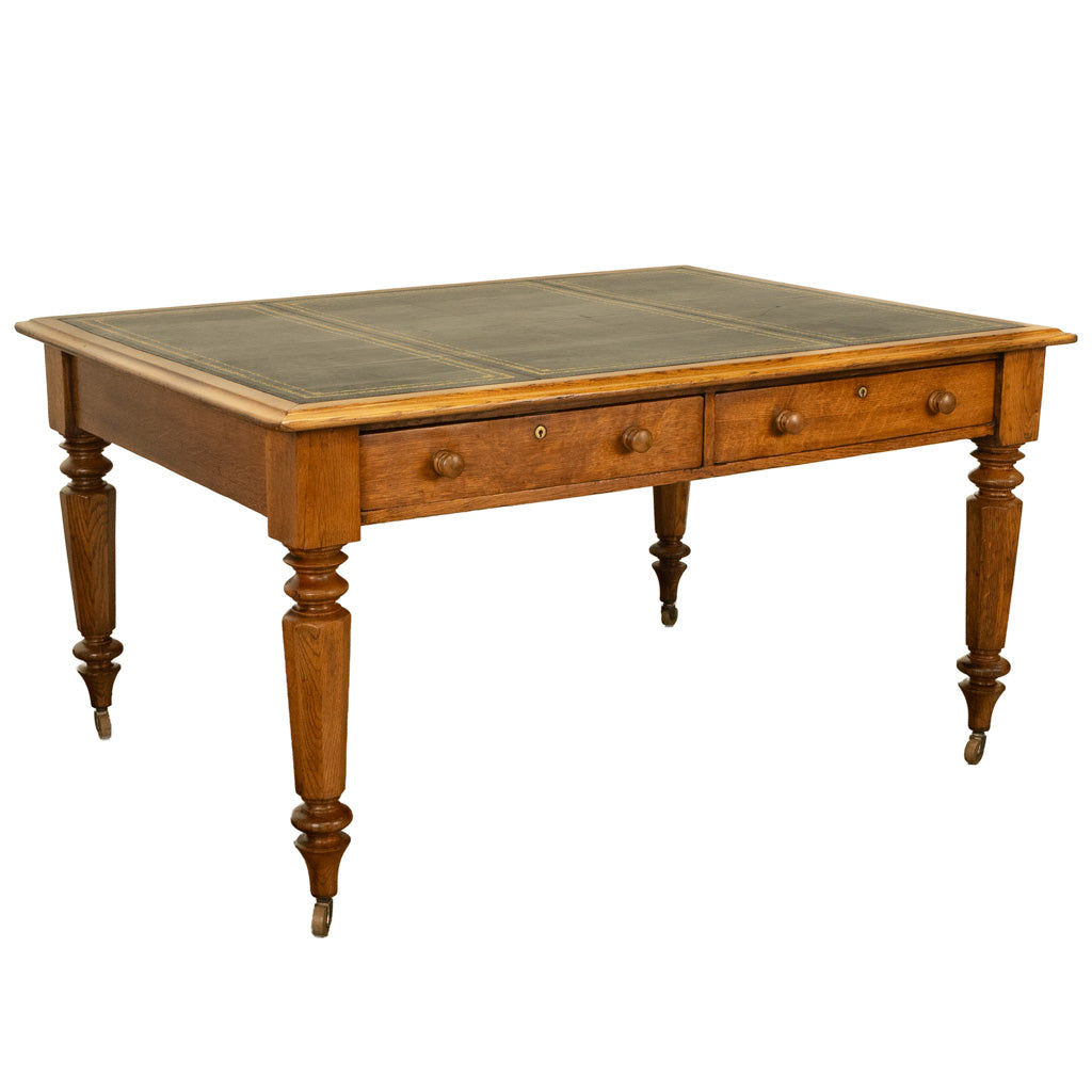 Antique English Oak & Leather Top Double-Sided Library Table Partner's Desk 1860