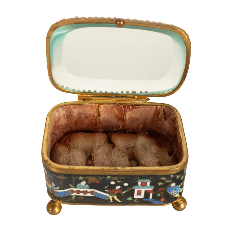 Antique French Gilt Brass Cloisonne Chinoiserie Champleve Jewelry Box Casket, 1880