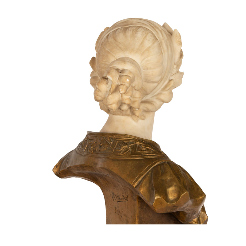 Antique Art Nouveau Female Carrara Marble Gilt Bronze Bust Statue Sculpture by Gustave Van Vaerenbergh 1900