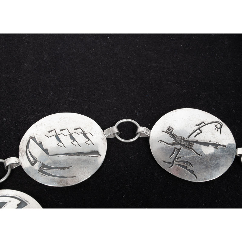 MCM Native American Navajo Silver Engraved Storyteller Concho Belt Willie Yazzie circa 1960