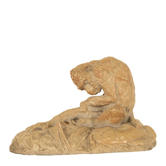Antique French Sevres Terracotta Ceramic Monkey Snail Animalier Statue Sculpture by Emmanuel Fremiet, 1905