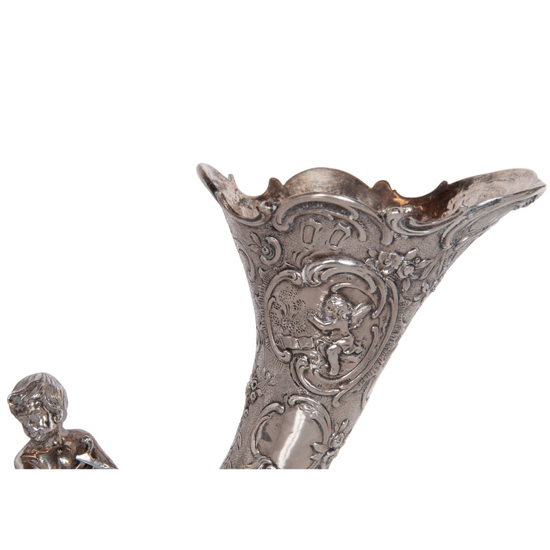 Pair Antique German Repoussé 800 Silver Cornucopia Cherub Vases Hanau 1890
