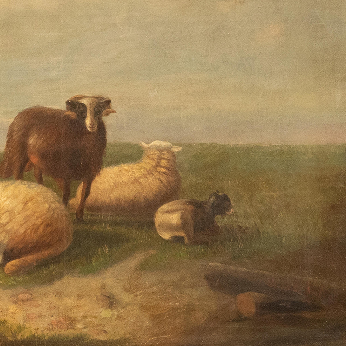 19th Century Belgian Realist Pastoral Oil Canvas Landscape Painting Ram Sheep & Goat